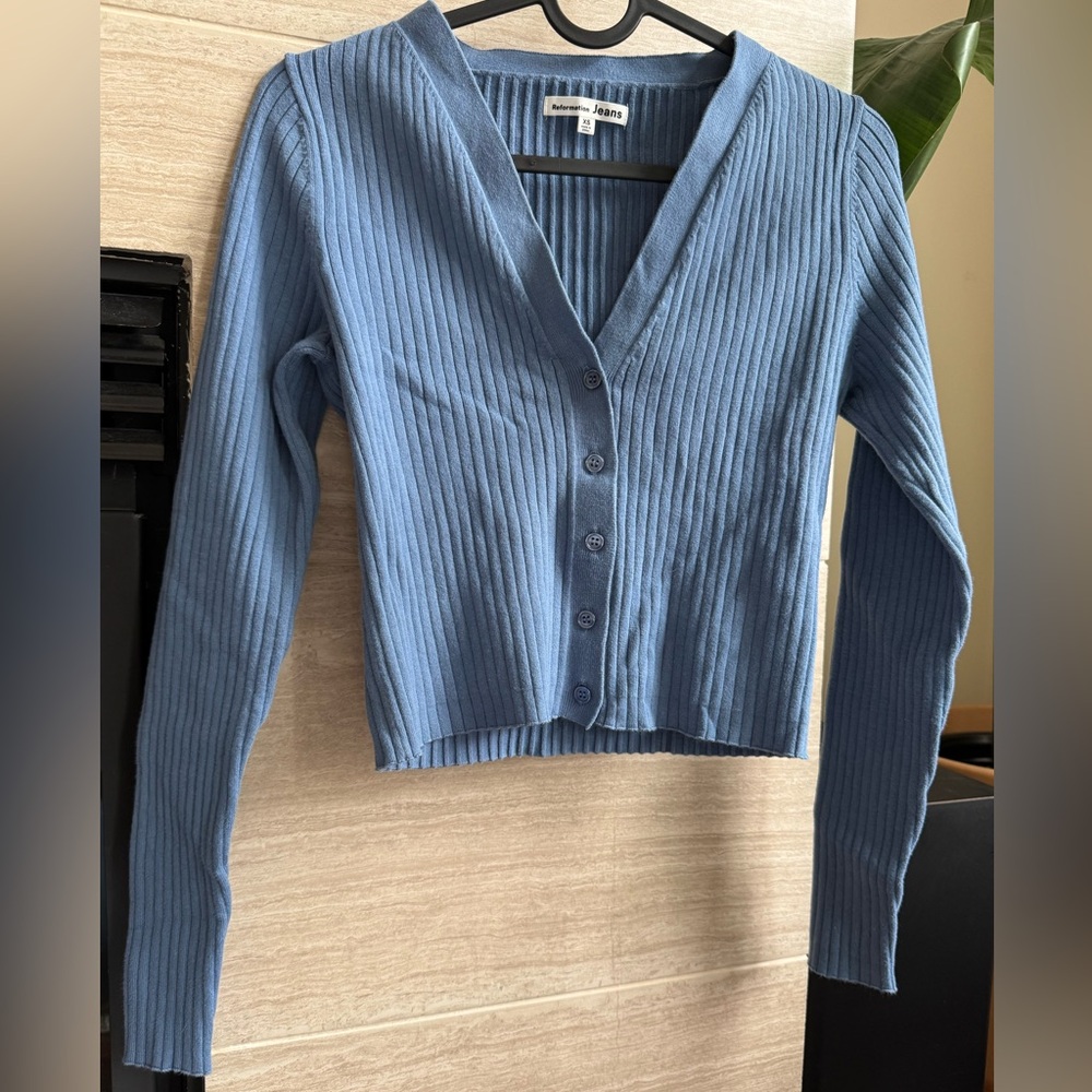 Reformation Blue Ribbed Cropped Cardigan